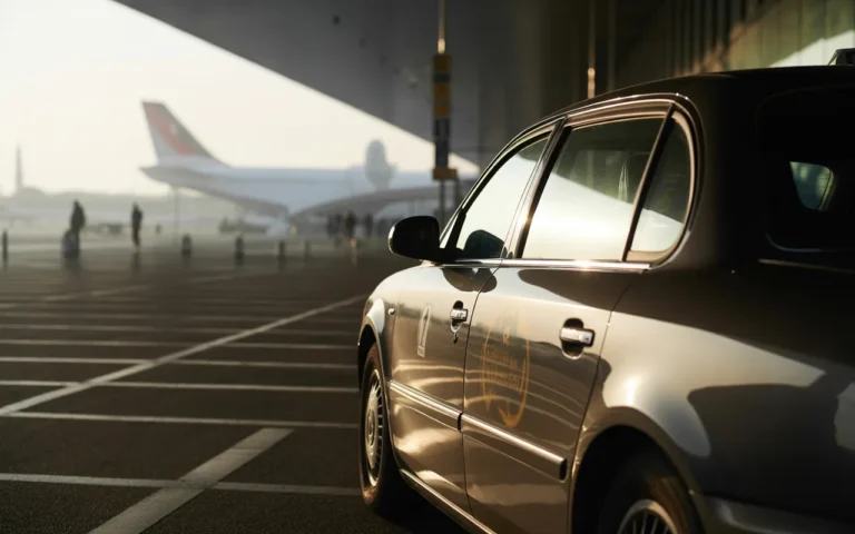taxi aéroport cdg: berline parisienne noire haut de gamme en 3/4 avant au dépose-minute, lumière dorée matinale, sol mouillé, terminal vitré courbé, avions flous et tour de contrôle au loin.