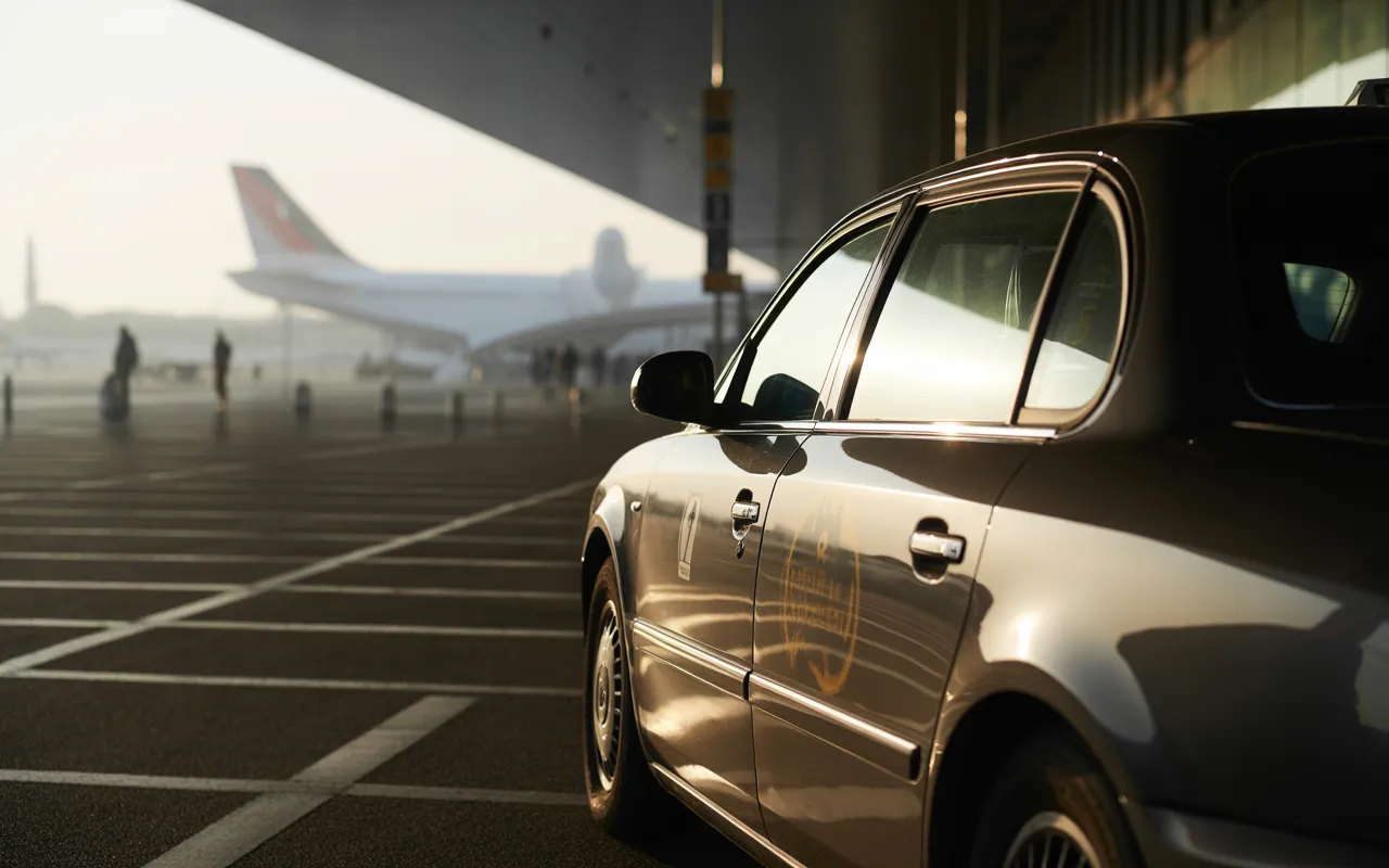 taxi aéroport cdg: berline parisienne noire haut de gamme en 3/4 avant au dépose-minute, lumière dorée matinale, sol mouillé, terminal vitré courbé, avions flous et tour de contrôle au loin.