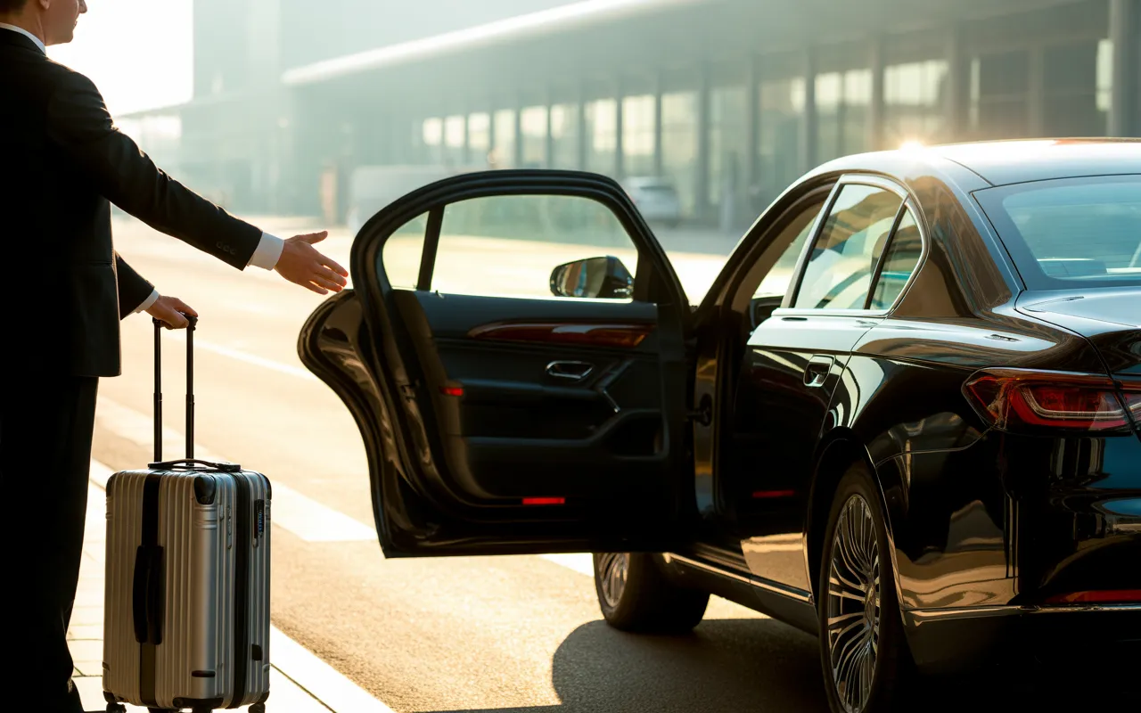 taxi aéroport orly premium: berline noire haut de gamme au dépose-minute, chauffeur en costume ouvrant la porte arrière, valise aluminium, lumière dorée, terminal vitré flou