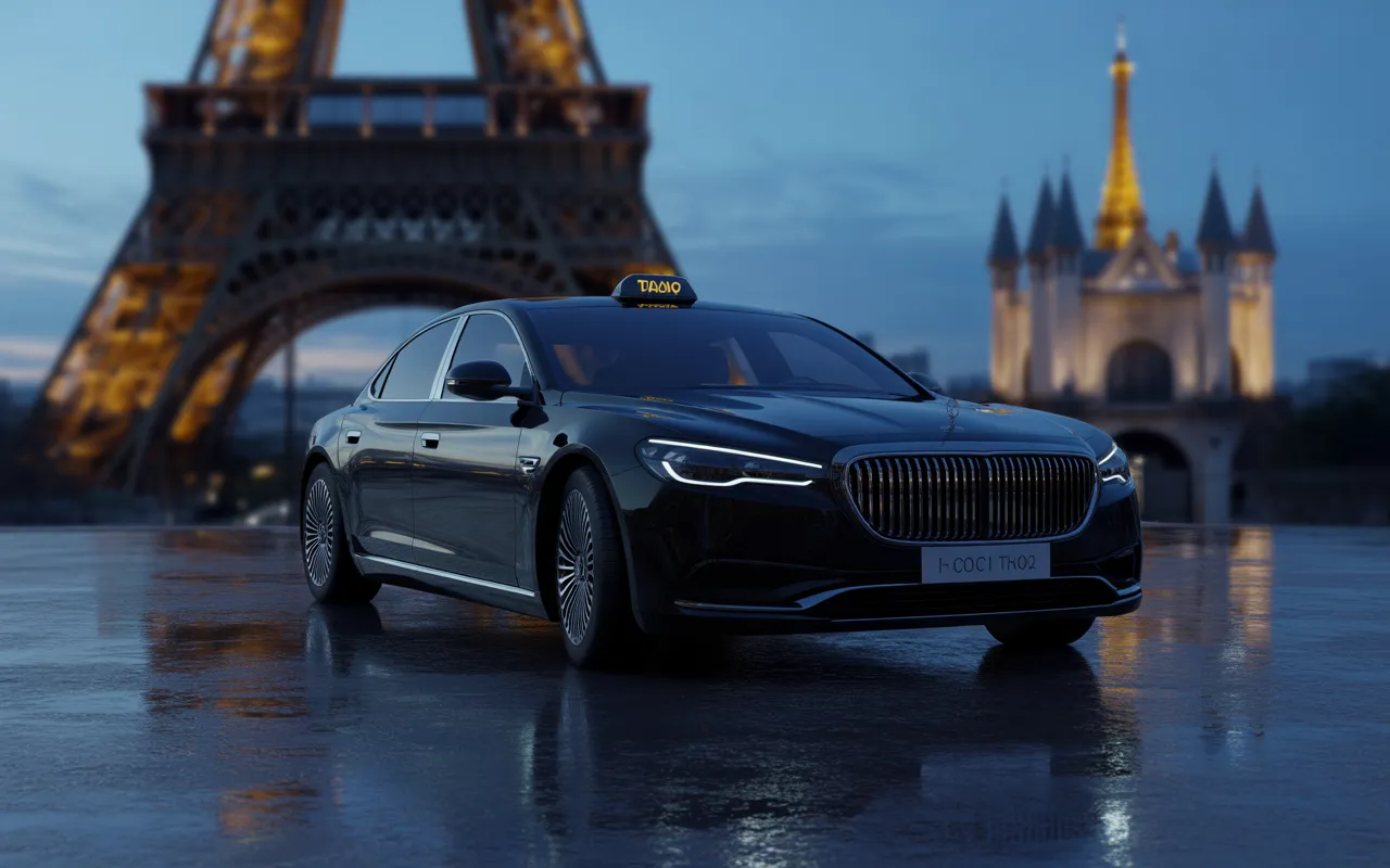 Taxi disneyland paris: berline noire haut de gamme en 3/4 avant et légère contre-plongée à l’heure bleue, route humide aux reflets, bokeh de la Tour Eiffel à gauche et château féerique à droite, ambiance urbaine premium.