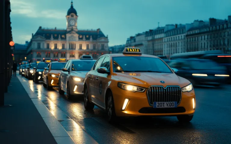 taxi gare de lyon en avant-plan, file de taxis à l’heure bleue, tour horloge en arrière-plan, chaussée humide avec reflets, voyageurs flous.