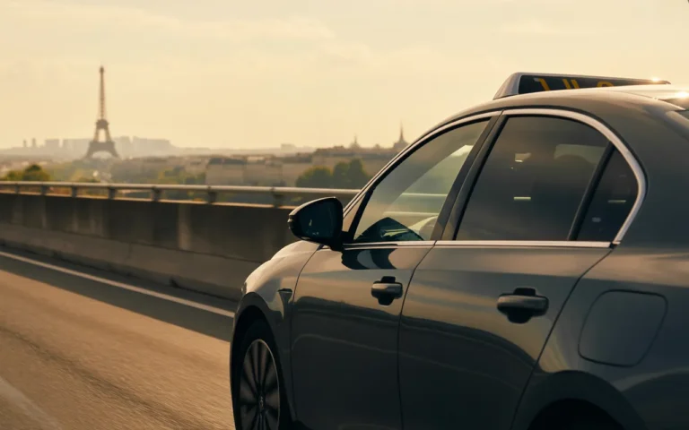 Taxi longue distance paris: berline noire moderne sur autoroute près de la Tour Eiffel, effet de filé au coucher du soleil, enseigne de toit neutre.