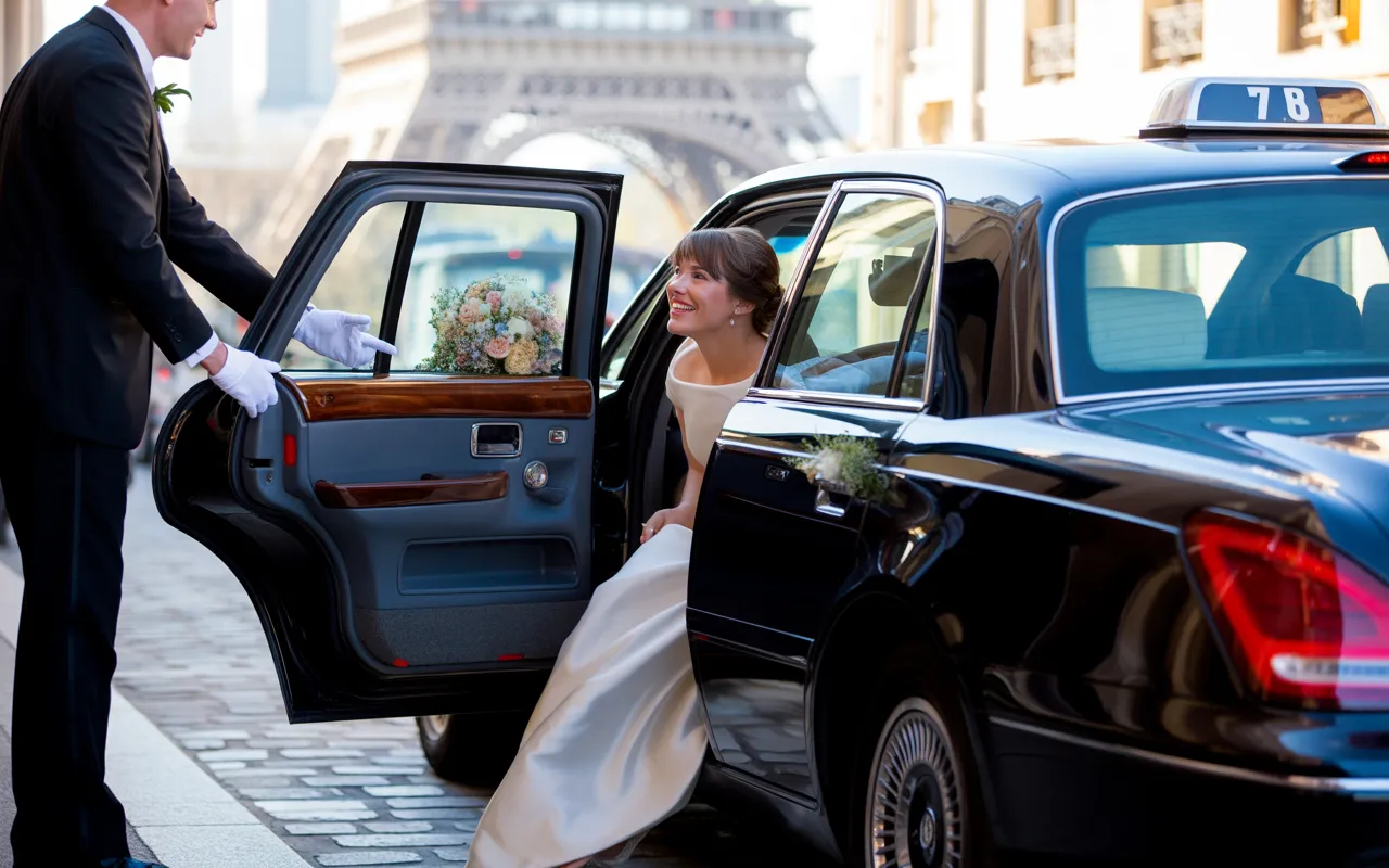 taxi mariage paris – berline noire haut de gamme 3/4 avant, porte arrière ouverte; la mariée en robe ivoire entre avec bouquet pastel, chauffeur ganté tenant la porte, marié en retrait; lumière dorée, pavés humides, Paris en bokeh et silhouette de la tour Eiffel.