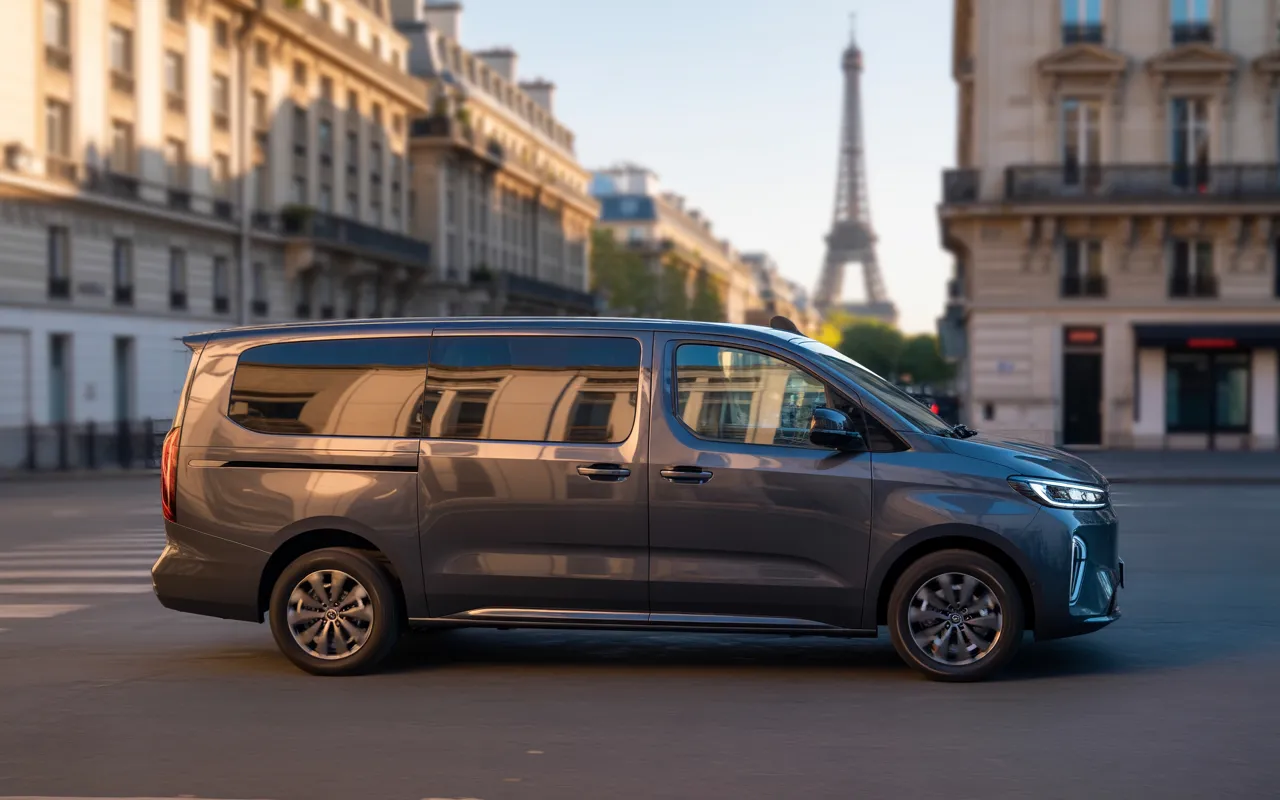 taxi van 7 places paris, modèle 2025, vu 3/4 avant gauche, porte latérale ouverte sur 3 rangées en cuir; golden hour sur boulevard haussmannien, LED allumées, bokeh et tour Eiffel floue.