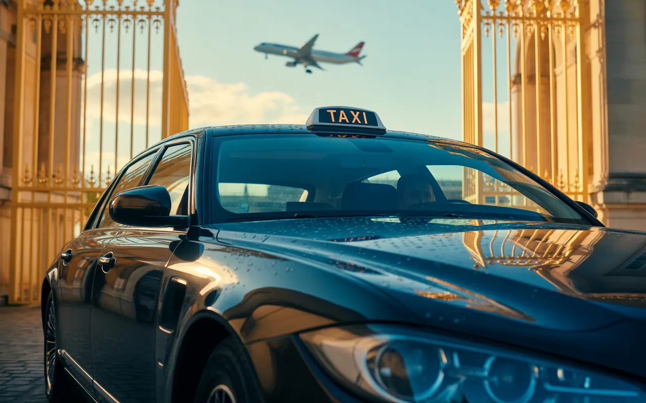 taxi versailles, berline noire en trois-quarts avant sur pavés humides, reflets dorés, devant la grille dorée du Château de Versailles; avion lointain, transfert aéroport.