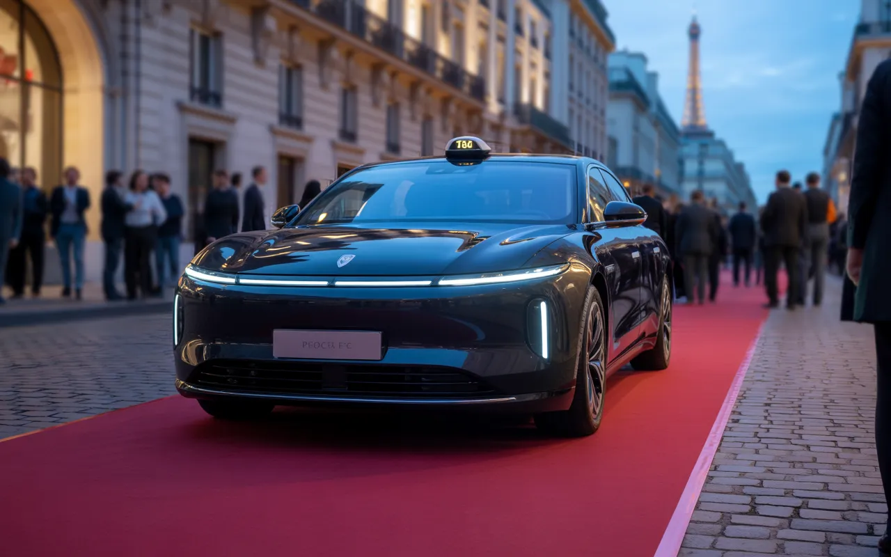 Berline électrique noire haut de gamme de taxis pour événements paris, vue 3/4 avant, sur tapis rouge à l’heure bleue; pavés mouillés, lumières ambrées, repère parisien flou.